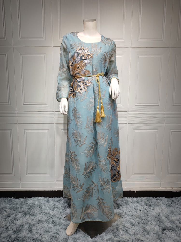 BamBam Spring Sequins Embroidered Blue Long Sleeve Maxi Dress Middle East Dubai Muslim Dresses - BamBam