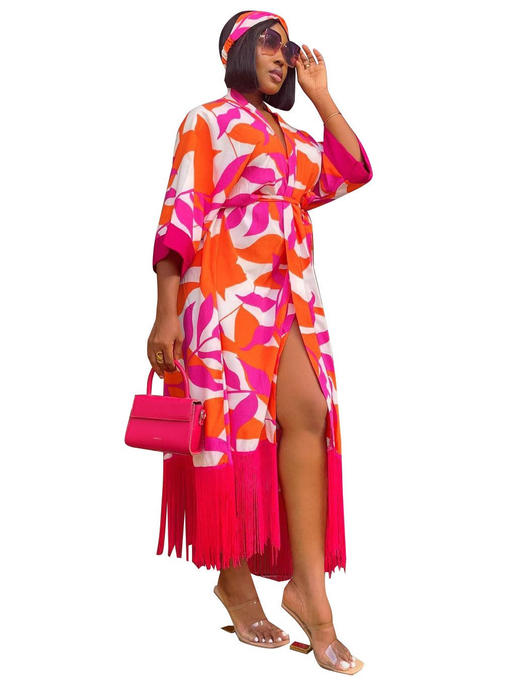 BamBam Women Sexy Printed Tassel Belt Dress Robe - BamBam