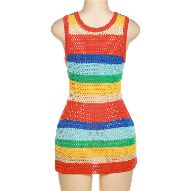 BamBam Summer Women's Sexy Hollow Knitting High Waist Contrasting Color Slim Sleeveless Bodycon Dress - BamBam