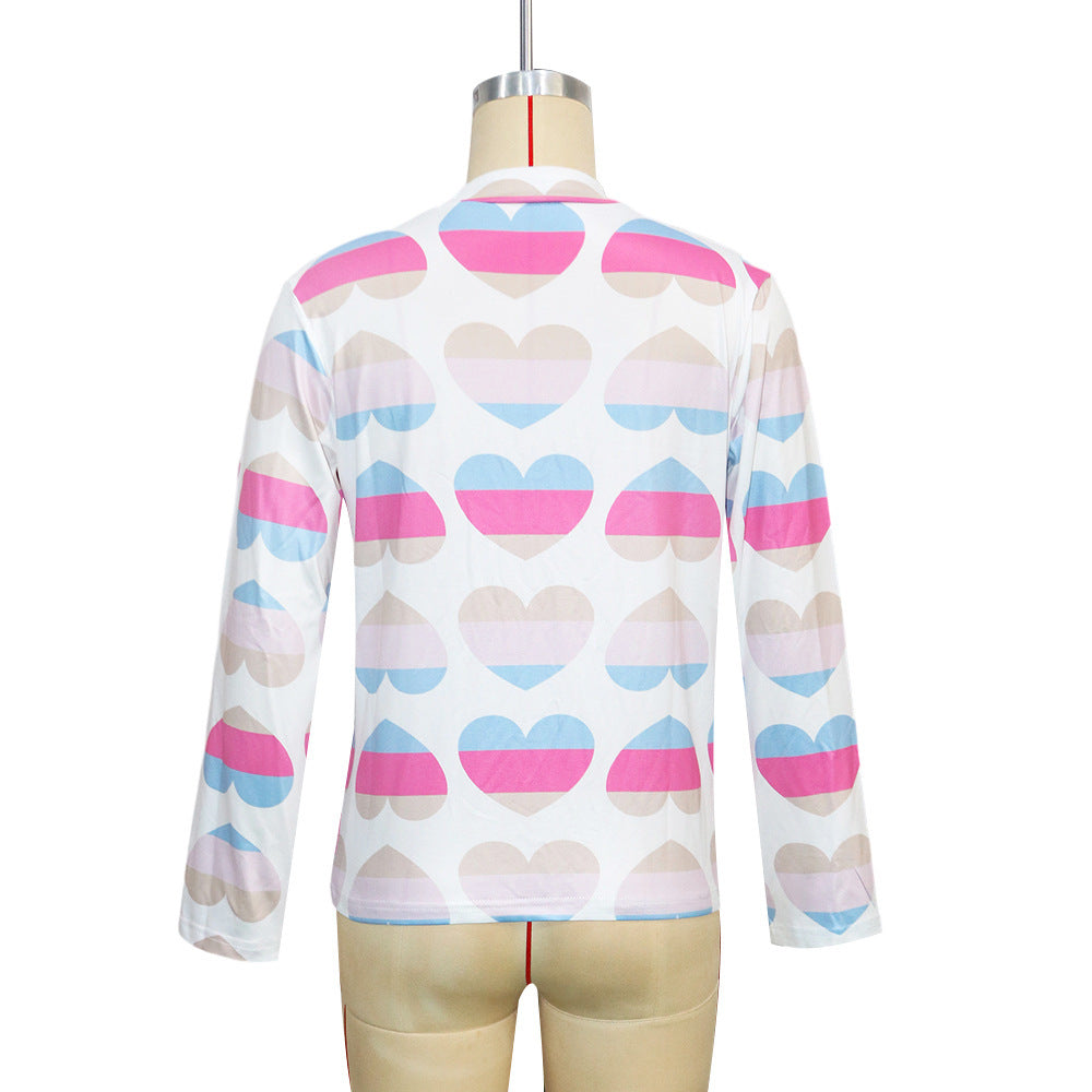 BamBam Women Color Block Heart Print Long Sleeve T-Shirt - BamBam