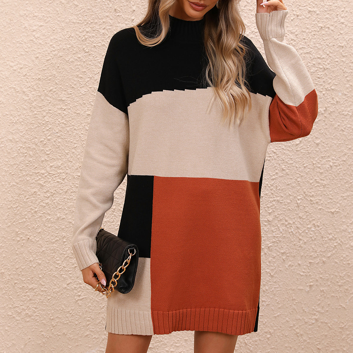 BamBam Plus Size Women Colorblock Round Neck Knitting Sweater Dress - BamBam