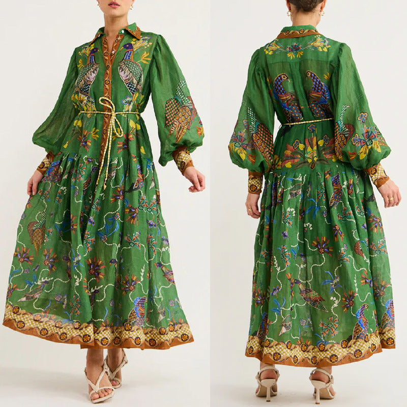 BamBam Autumn Printed Printed Long Sleeve Button Up Long Dress For Women - BamBam