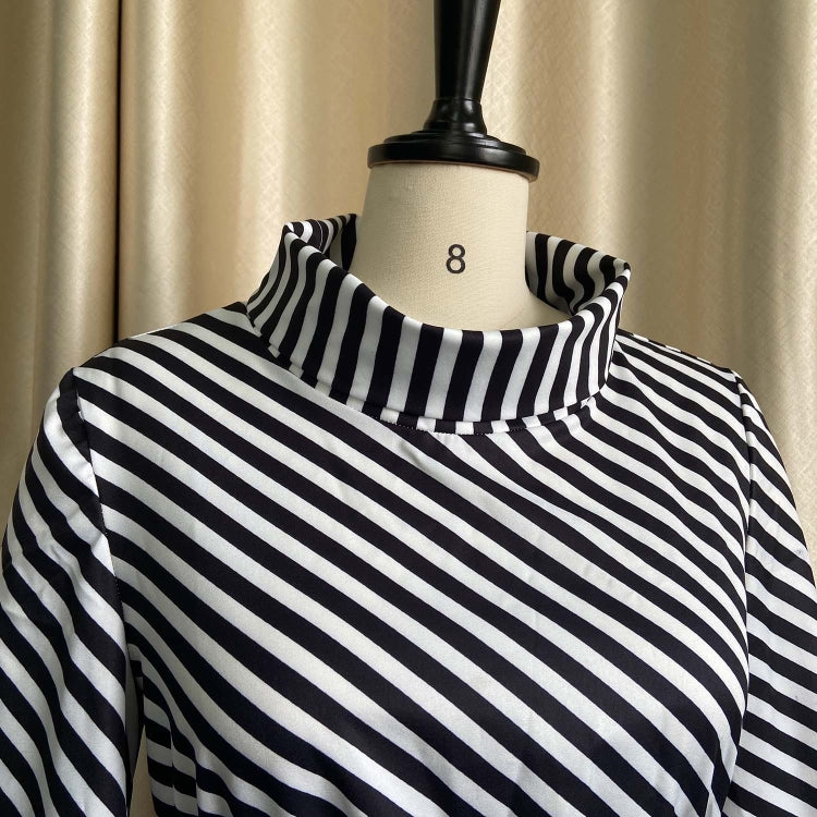 BamBam Fall Plus Size Elegant Stripes Flare Sleeve Pleated Dress with Belt - BamBam