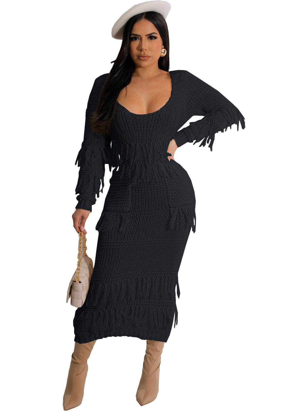 BamBam Women sexy knitting Crochet fringed dress (with pockets) - BamBam