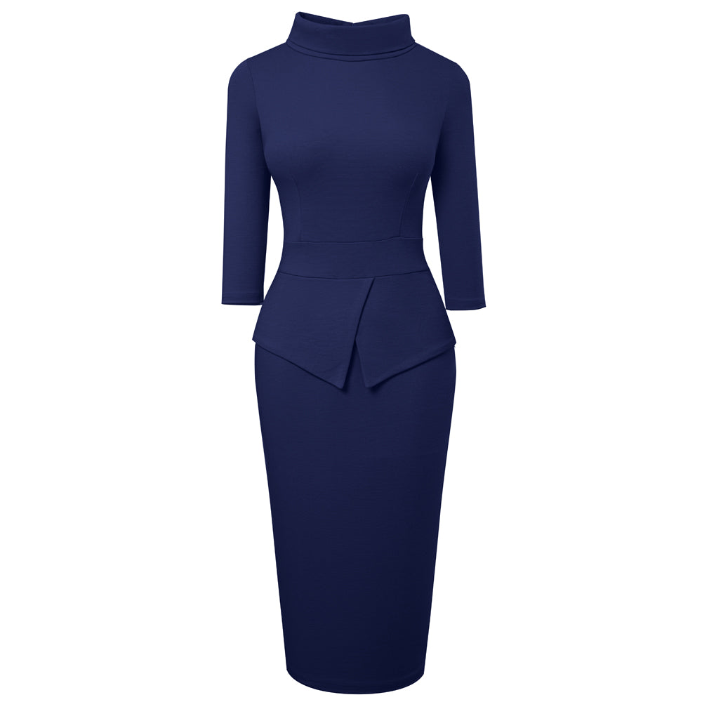 BamBam Chic Women's Mid Waist Patchwork Solid Color Half Turtleneck Bodycon Work Dress - BamBam