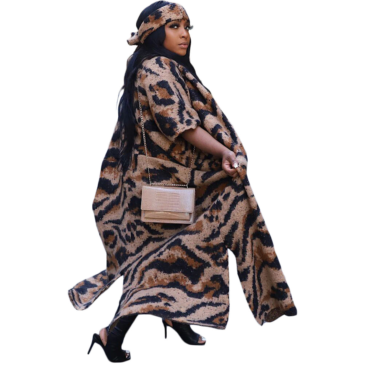 BamBam Women's Casual Knitting Leopard Cardigan Jacket (Including Headscarf) - BamBam