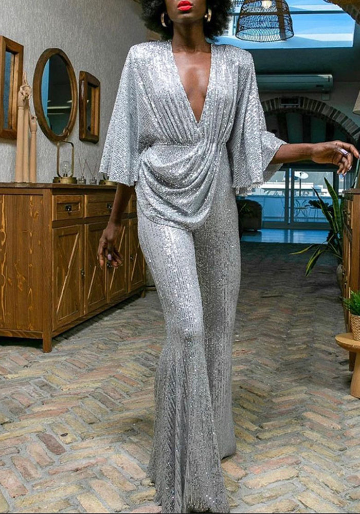 Women Sequin Sexy Deep V Backless Jumpsuit