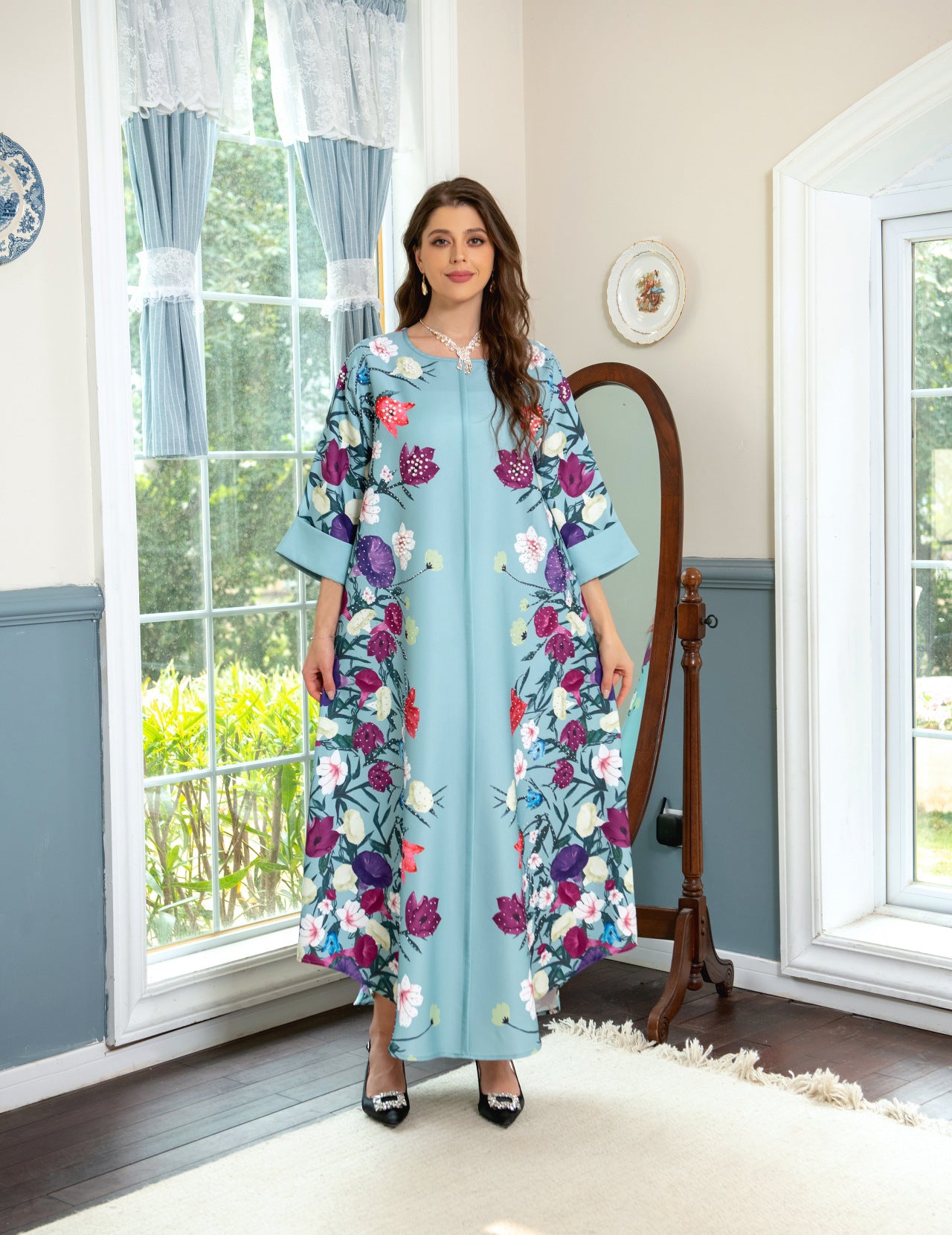 BamBam Muslim Robe Fashion Luxury Diamond Positioning Print Arabian Ladies Dress - BamBam