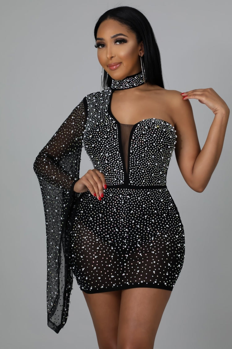 BamBam Fall Sexy Black Bling Beaded Choker One off Shoulder Club Dress - BamBam Clothing