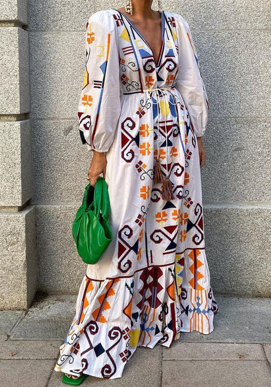 Holidays Lantern Sleeve V-Neck Printed Long Dress