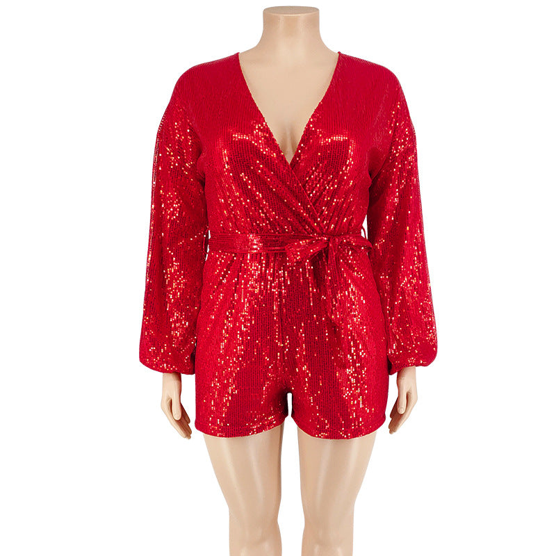 BamBam Plus Size Women's Sequins Long Sleeve V Neck Rompers - BamBam Clothing