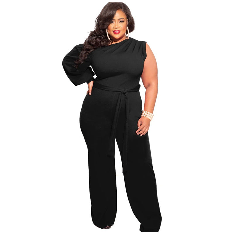 BamBam Fall Plus Size Women'S Slash Shoulder Single Sleeve Wide Leg Jumpsuit With Belt - BamBam Clothing