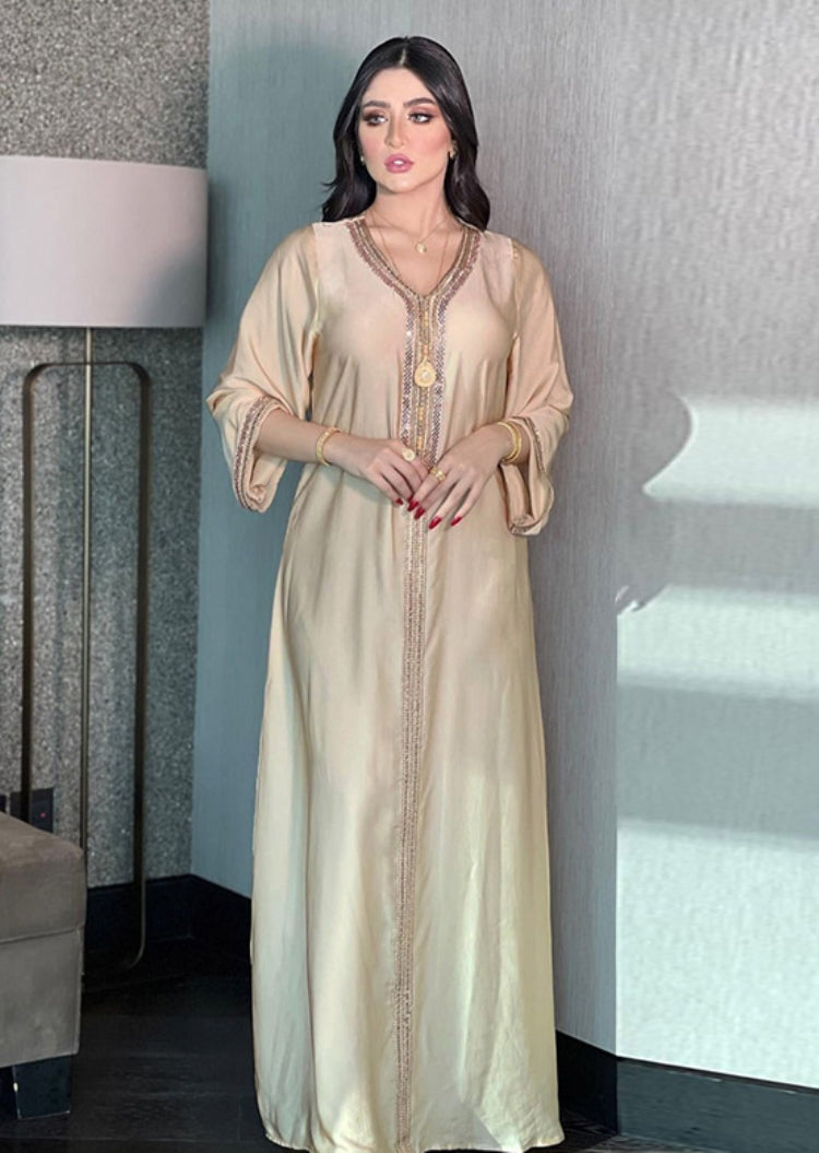 BamBam Women Spring Khaki Tape Embroidery Islamic Clothing Kaftan Abaya Muslim Dress - BamBam