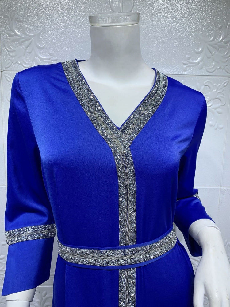 BamBam Arab Dubai Arab Middle East Turkey Morocco Islamic Clothing Kaftan Abaya Embroided Muslim Dress Blue - BamBam