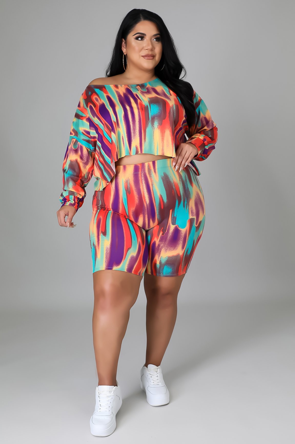 BamBam Plus Size Women Fall Multi-Color Print Top and Shors Two-piece Set - BamBam