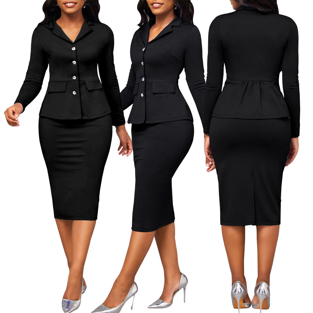 BamBam Sexy And Fashionable Solid Color Long-Sleeved Career Women's Two-Piece Skirt Set - BamBam