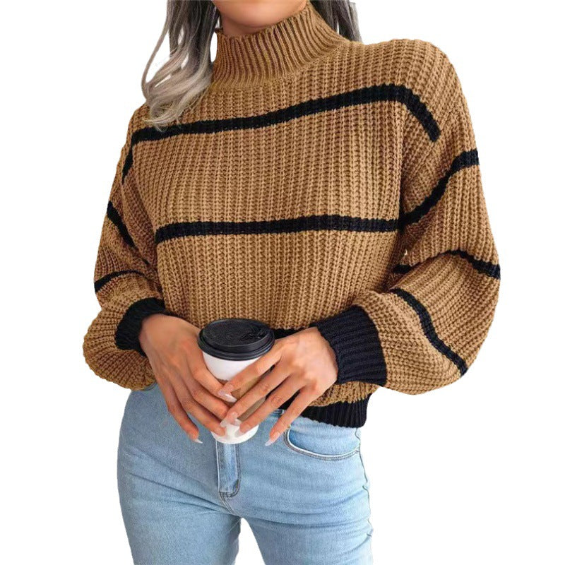 BamBam Autumn And Winter Casual Striped Lantern Sleeve Half Turtleneck Knitting Pullover Sweater For Women - BamBam