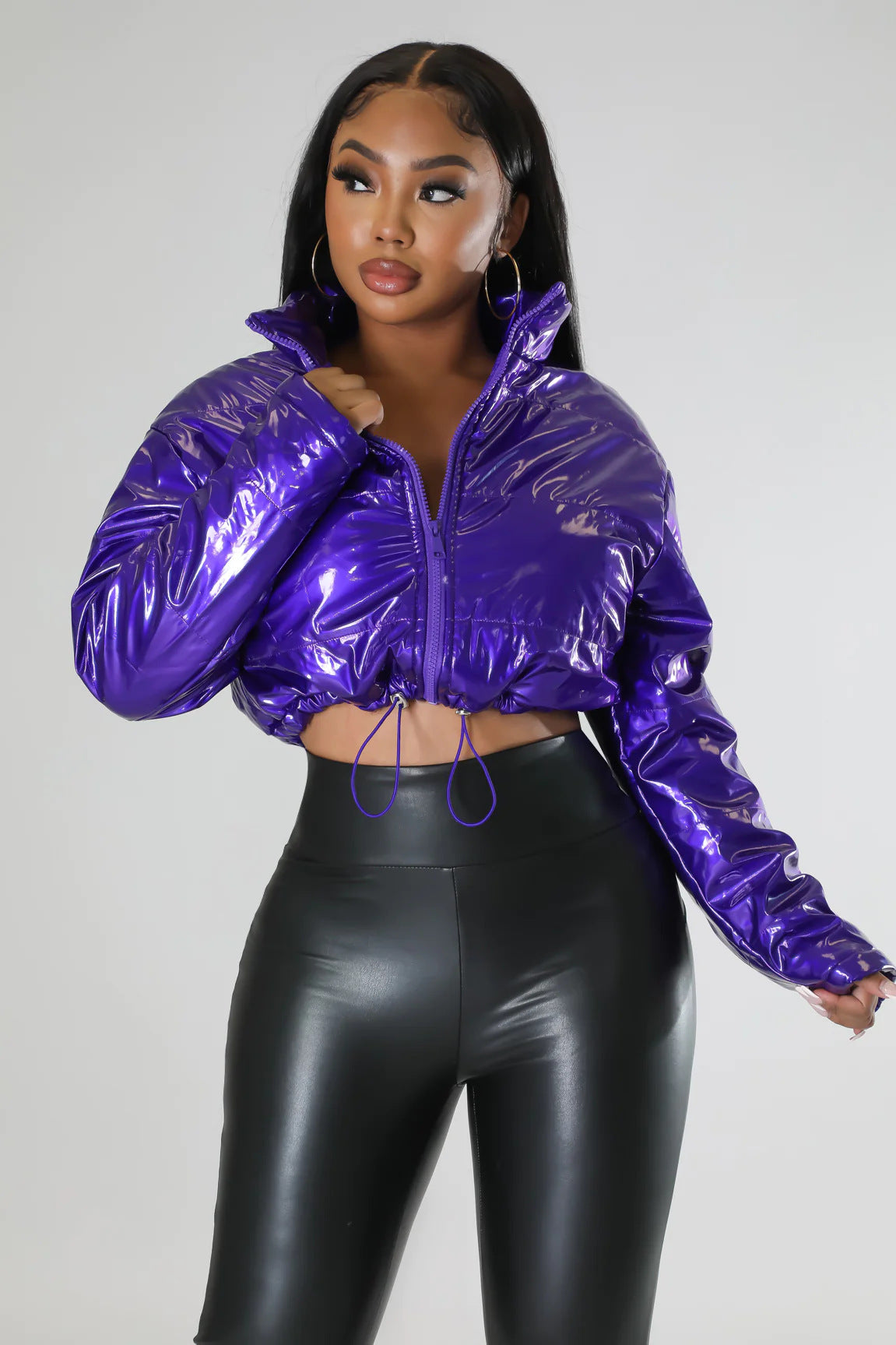 BamBam Women Long Sleeve Bright Metallic Padded Crop Jacket - BamBam