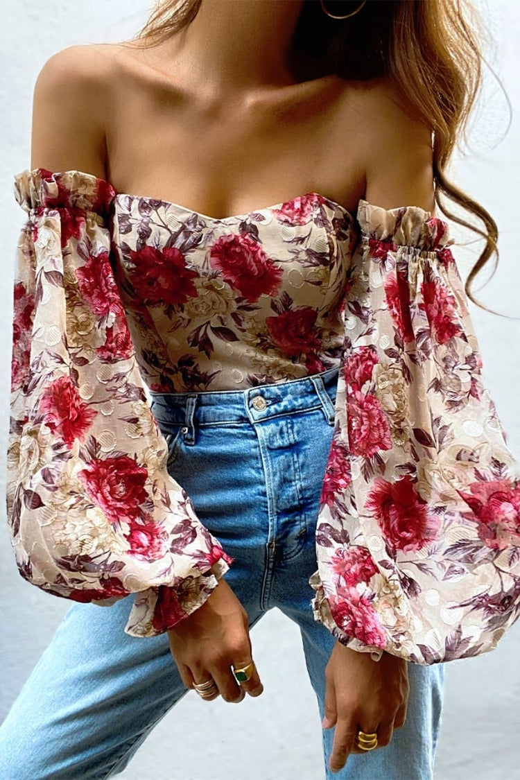 Autumn Print Holiday Puff Sleeve Sweetheart Crop Top