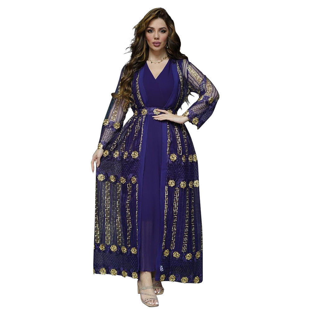 BamBam Embroidered mesh jacket with chiffon sundress suit kaftan dress - BamBam