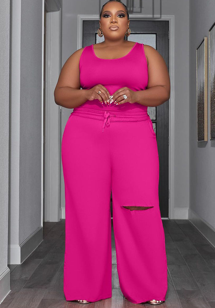 Plus Size Women Top and Ripped Wide Leg Pants Set of Two