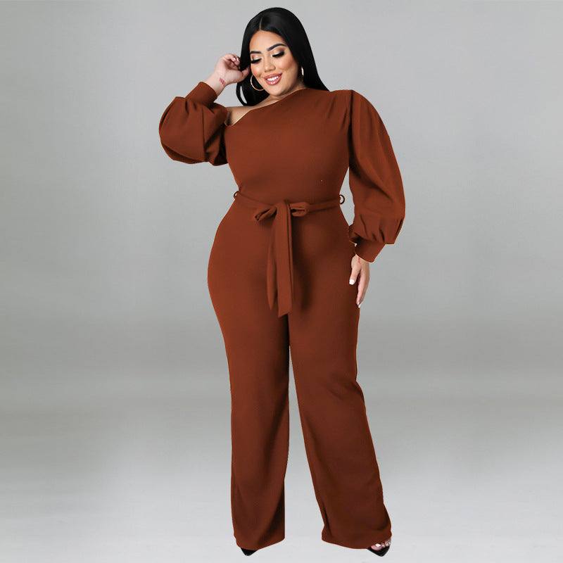 BamBam Plus Size Women Solid Balloon Sleeve Slash Shoulder Belted Jumpsuit - BamBam Clothing