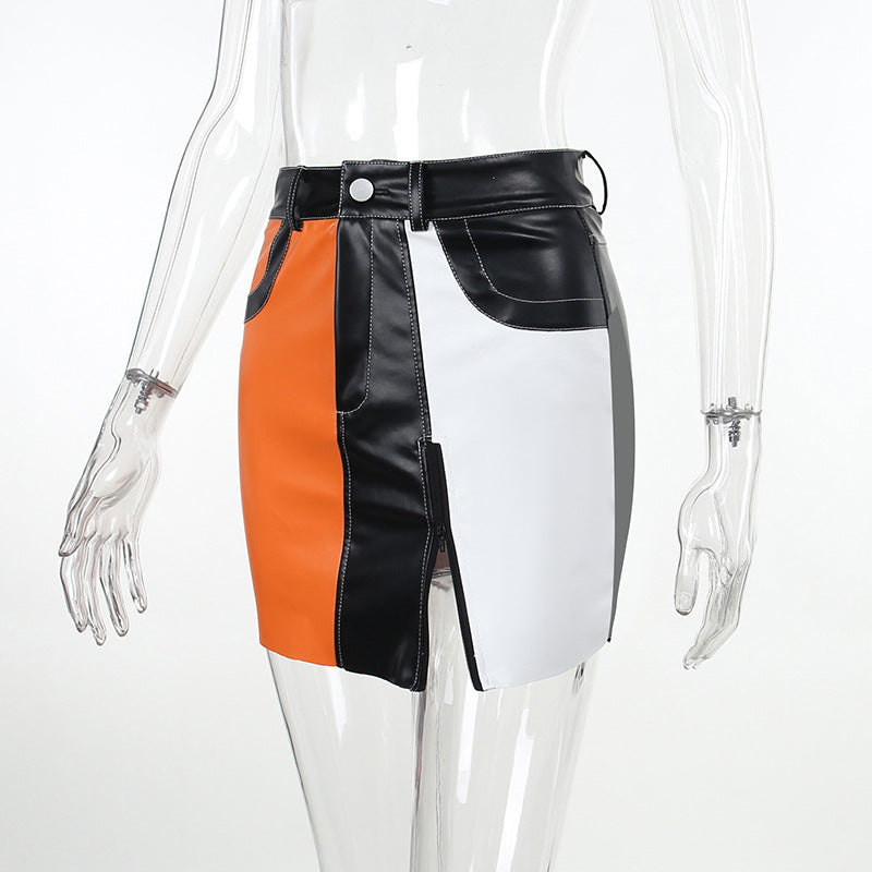 BamBam Zipper Contrast Color Summer Sexy Bodycon Short Leather Skirt For Women - BamBam
