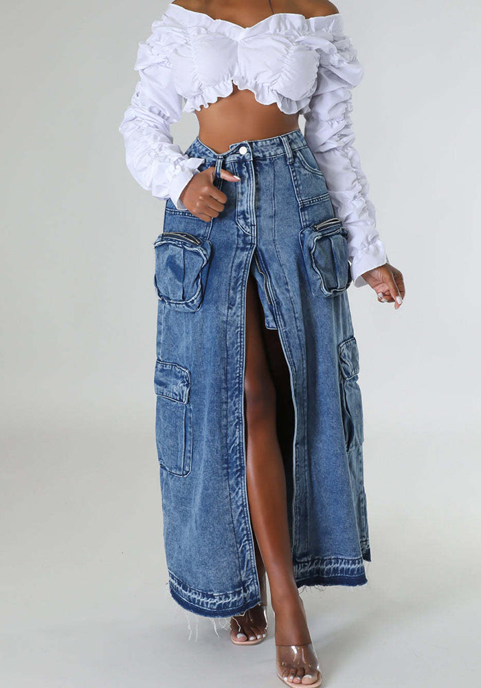 Women High Waist Slit Cargo Denim Skirt