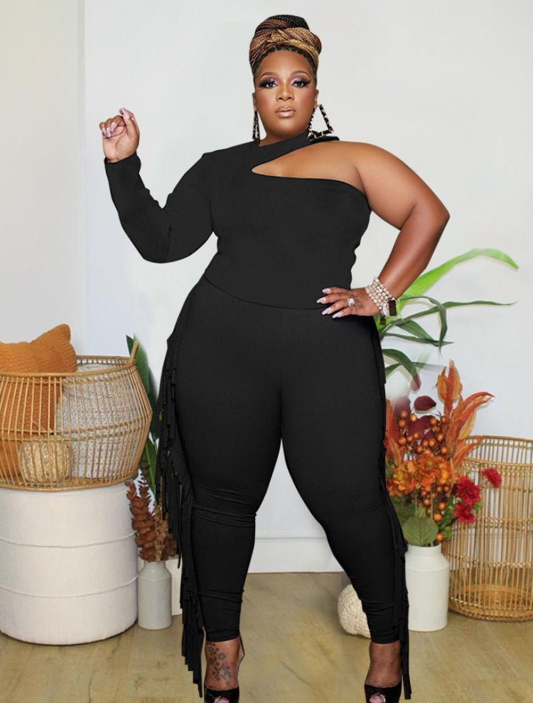 BamBam Spring Black Party Sexy One Shoulder Fringe Plus Size Jumpsuit - BamBam Clothing