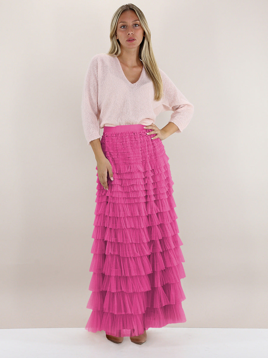 BamBam Autumn Women's Solid Color Chic Elegant High Waist A-Line Puff Mesh Long Skirt - BamBam