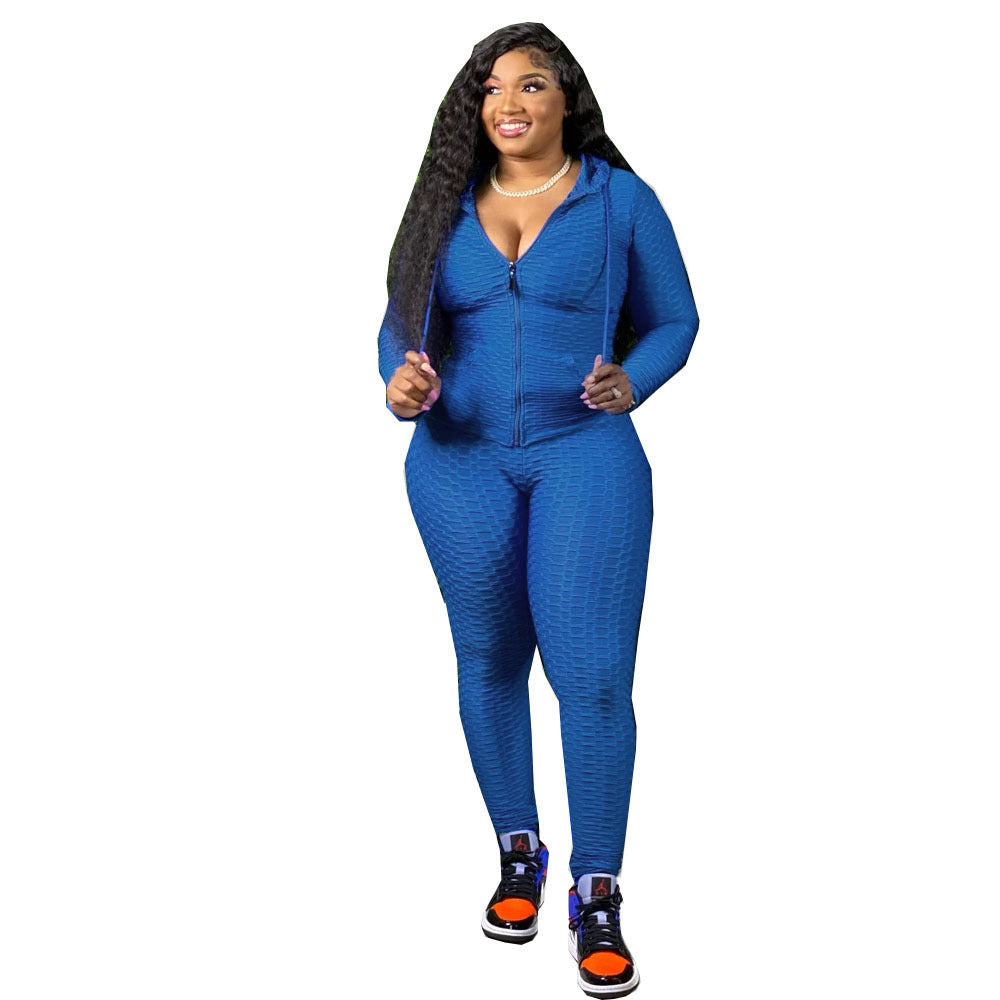 BamBam Plus Size Women Fall/Winter Casual Solid Zipper Top and Pant Two-piece Set - BamBam