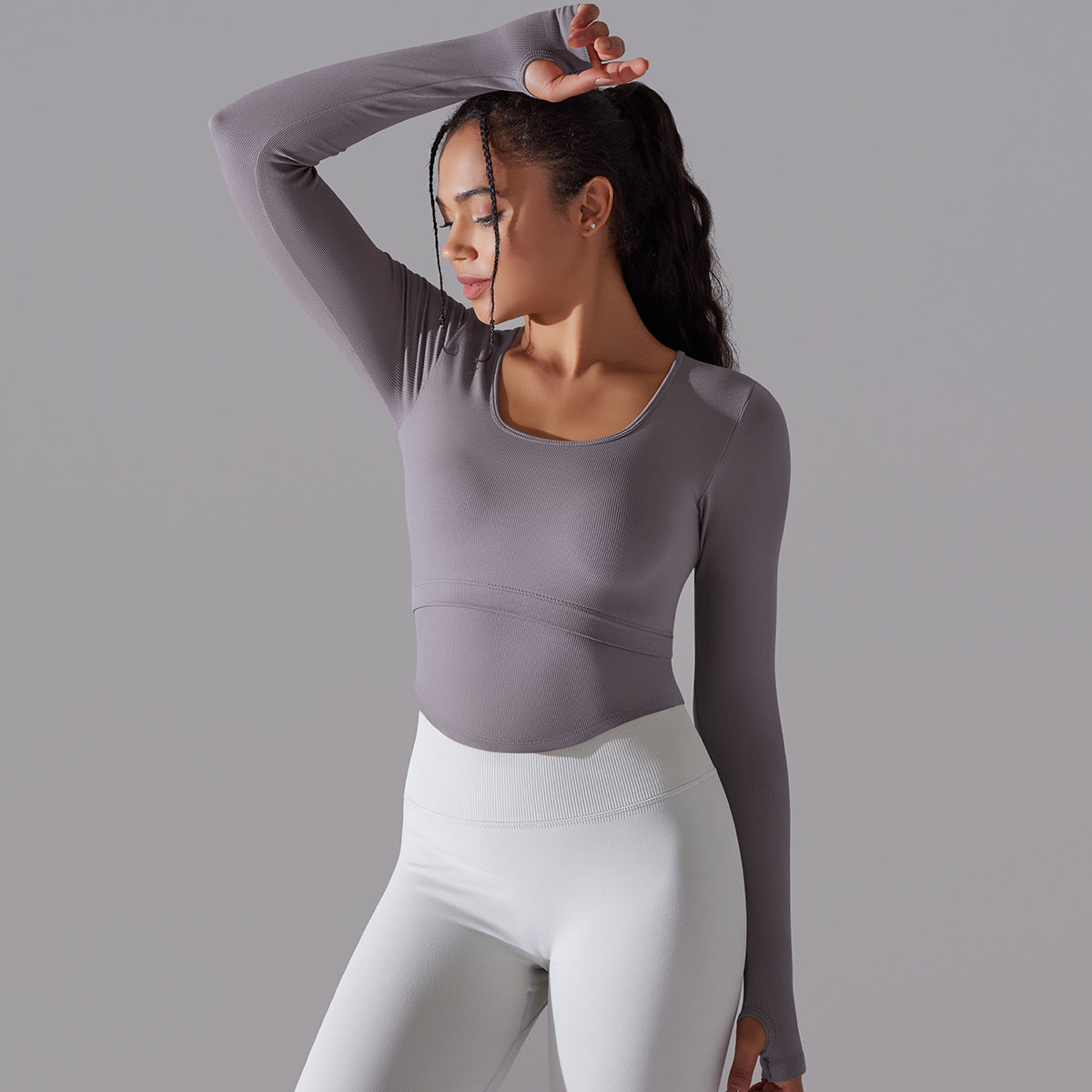 BamBam Seamless Knitting Solid Color Ribbed Sports Yoga Long-Sleeved Running Fitness Yoga Tops For Women - BamBam