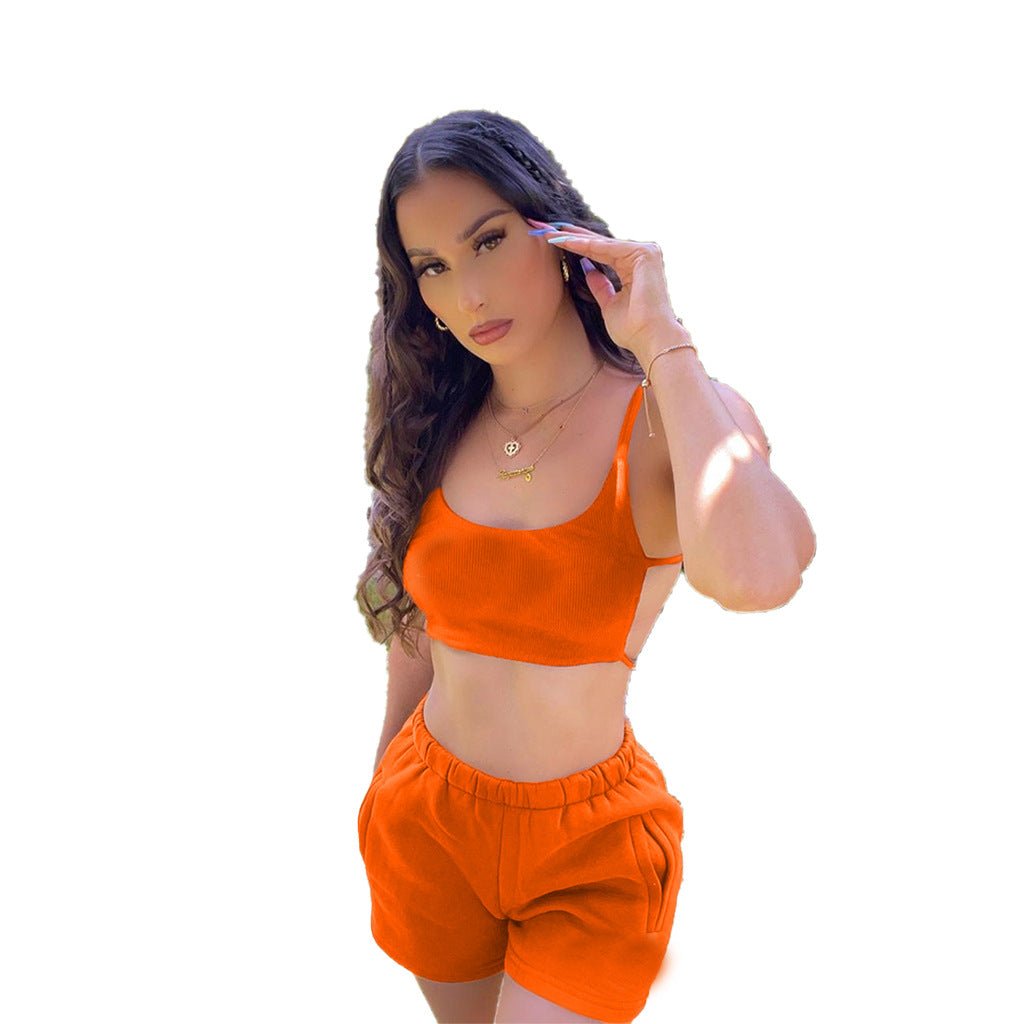 BamBam Women's Solid Color Casual Sexy Two Piece Shorts Set - BamBam