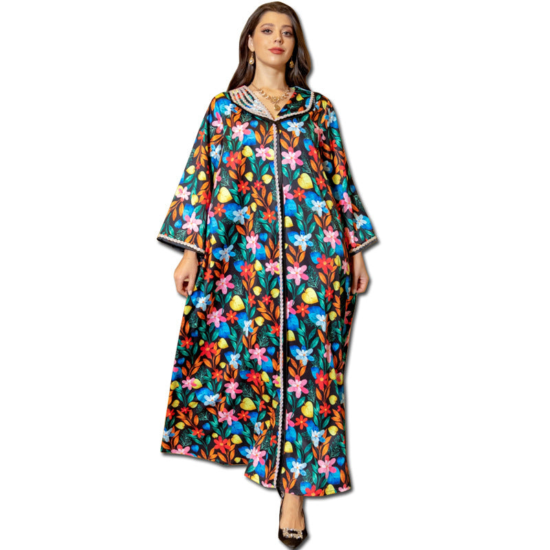 BamBam Long Sleeve Ladies Printed Beaded Robe Luxury Evening Dress Arabian Women's Clothing - BamBam