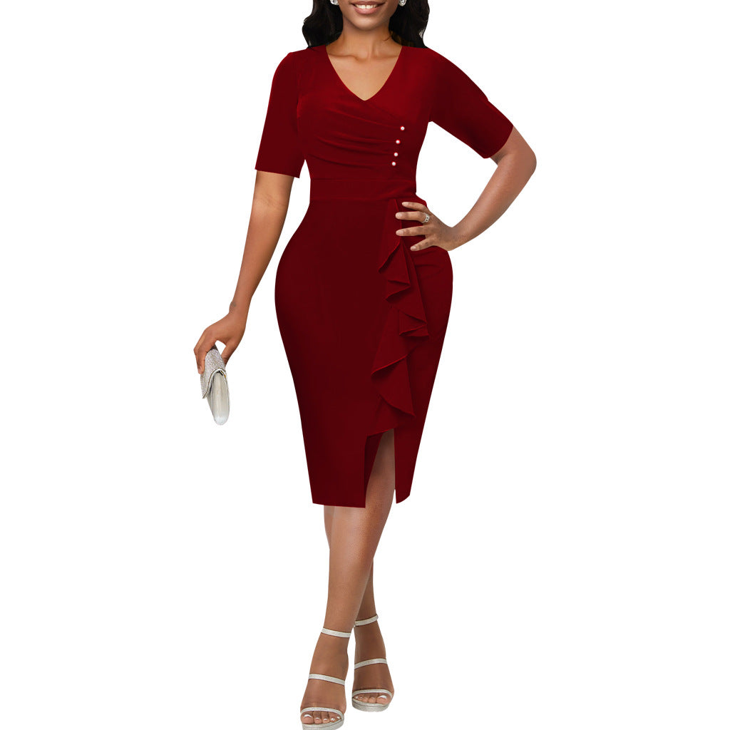 BamBam Sexy fashion solid color v-neck slit women's dress - BamBam