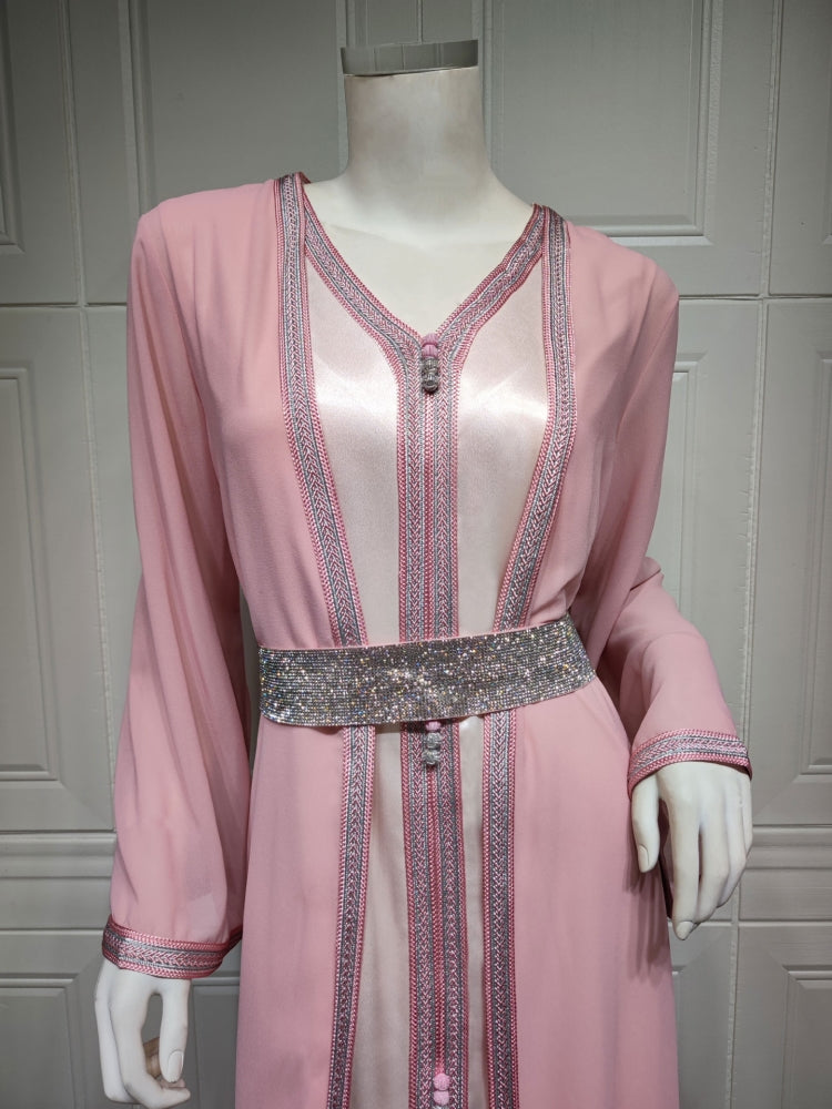 BamBam Women Spring Pink Tape Belted Islamic Clothing Kaftan Abaya Muslim Dress two piece set - BamBam