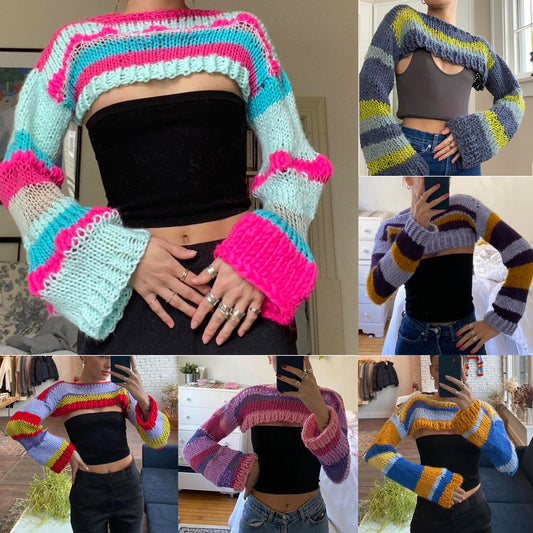 Summer Women's Knitting Blouse Top Women Multicolor Patchwork Shawl Long Sleeve Crop Crop Top Women