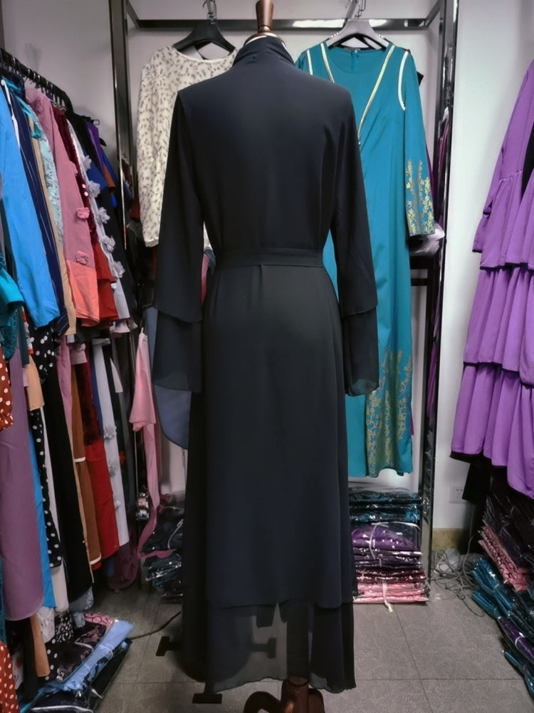 BamBam Arab Dubai Arab Middle East Turkey Morocco Islamic Clothing Kaftan Abaya Front Open Muslim Robe with Hijab Black - BamBam