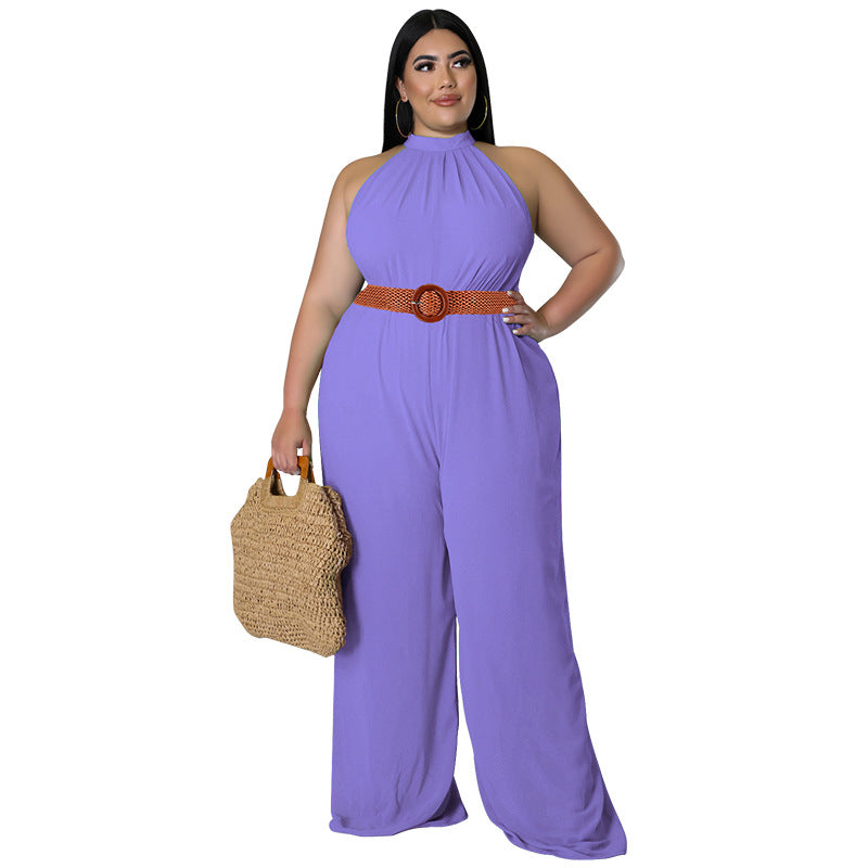 BamBam Plus Size Women's Casual Solid Color Belted Jumpsuit - BamBam Clothing