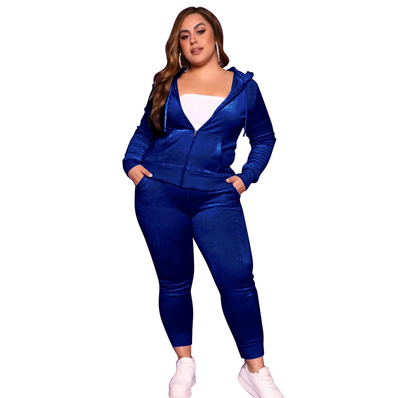 BamBam Plus Size Women Fall/Winter Solid Velvet Casual Top and Pant Two-piece Set - BamBam