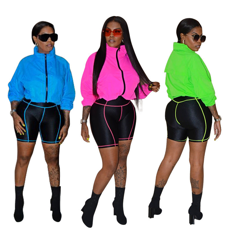 BamBam Fashion Ladies Summer Contrast Color Patchwork Long Sleeve Shorts Tracksuit - BamBam