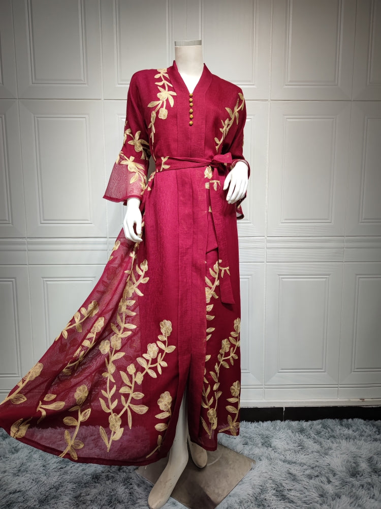 BamBam Women Summer Red Arab Dubai Middle East Turkey Morocco Floral Print Sequined Islamic Clothing Kaftan Abaya Muslim Dress - BamBam