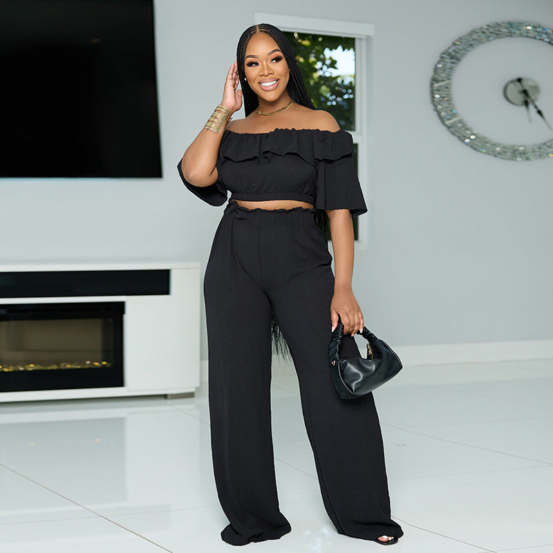 BamBam Women summer Off Shoulder ruffled Top and wide-leg Pant two-piece set - BamBam