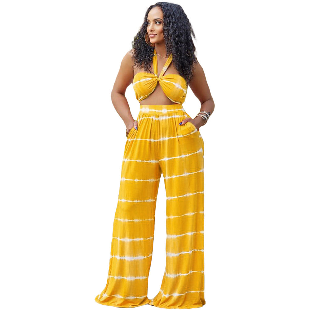 BamBam Women Stripe Print Crop Top and Loose Pocket Trousers Two-Piece Set - BamBam