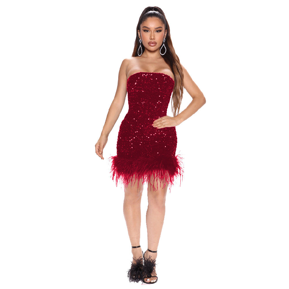 BamBam Women'S Fashion Strapless Bodycon Feather Sequin Nightclub Party Dress - BamBam Clothing Clothing