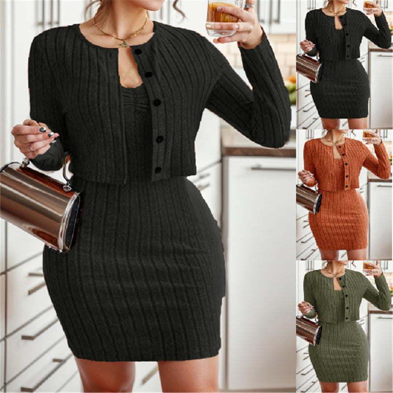 BamBam Autumn And Winter Slim Cardigan Warm premium ladies Strap Dress two-Piece Set - BamBam Clothing