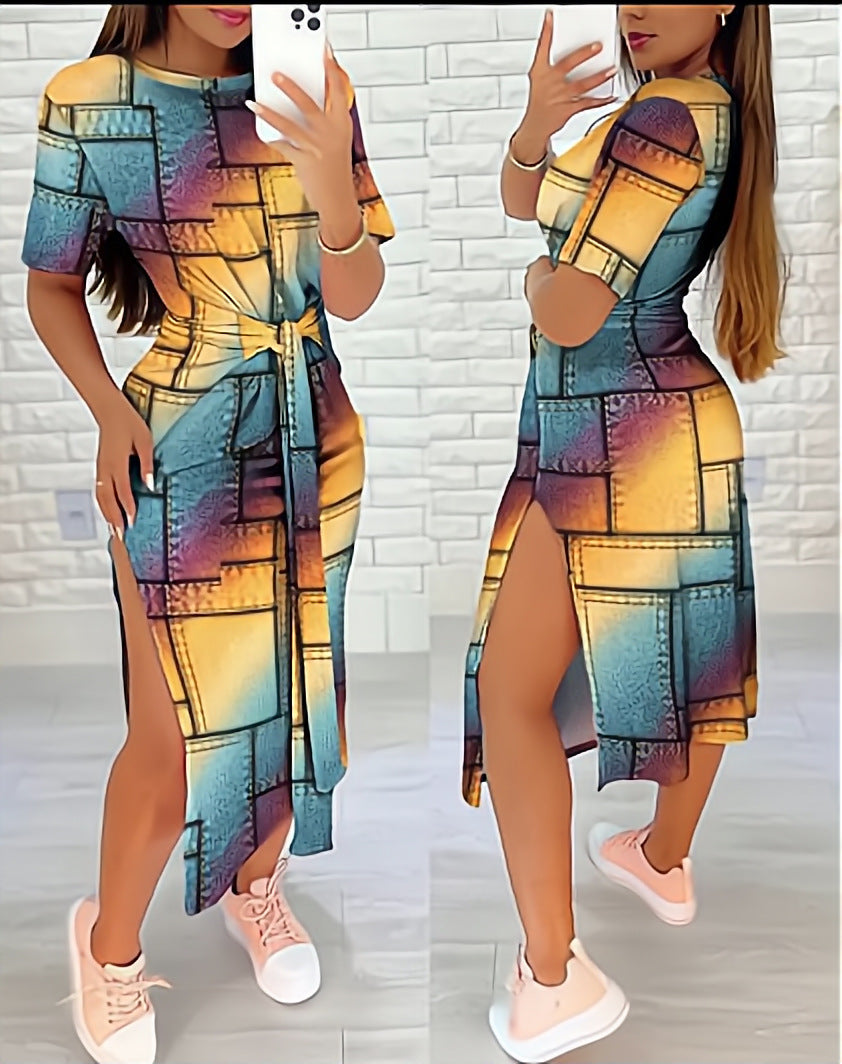 BamBam Summer Round Neck Geometric Print Bodycon Dress Women's - BamBam
