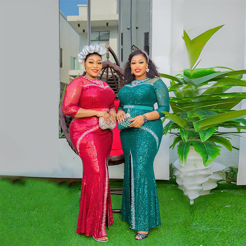 BamBam Plus Size African Women Party Sequin Beaded Dress - BamBam