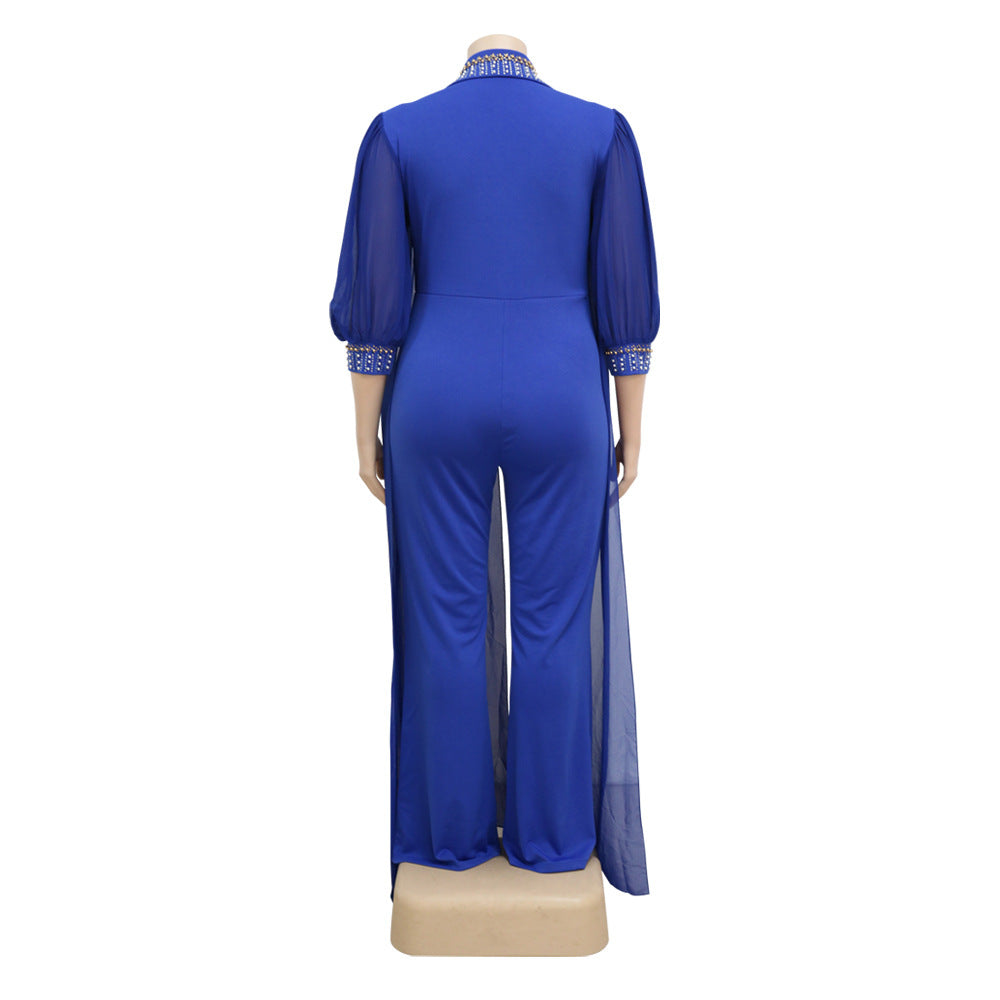 BamBam Fall/Winter Half-Sleeve Plus Size Women'S Beaded Collar Jumpsuit - BamBam Clothing