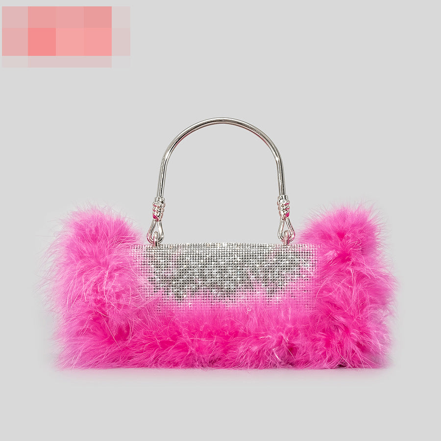 BamBam Ostrich hair rhinestone bag female mink hair inlaid diamond dinner bag full of diamonds shoulder Messenger bag - BamBam